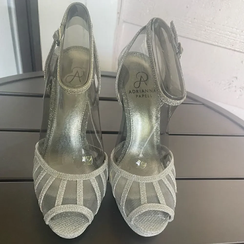 New Adrianna Papell Silver Mesh Platform Metallic Peep Toe Heels Size 7M